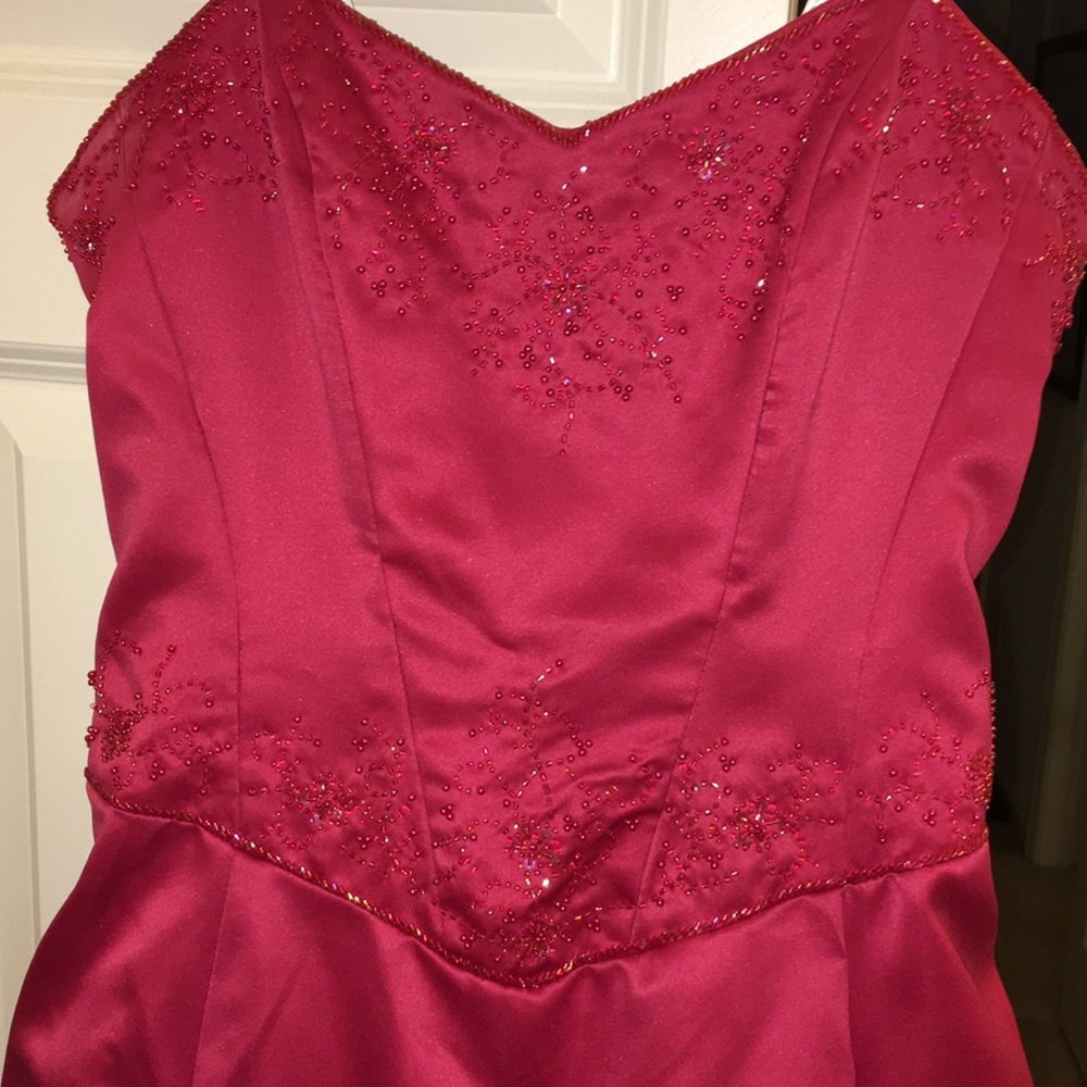 Red beaded strapless prom dress